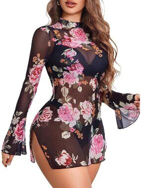 Women's Black Floral Turtle Neck Long Sleeve Pull On Casual Bodycon Mini Dresses
